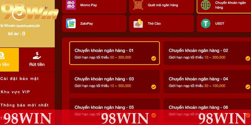 Chuyển khoản ngân hàng - Thao tác nạp tiền nhanh, an toàn