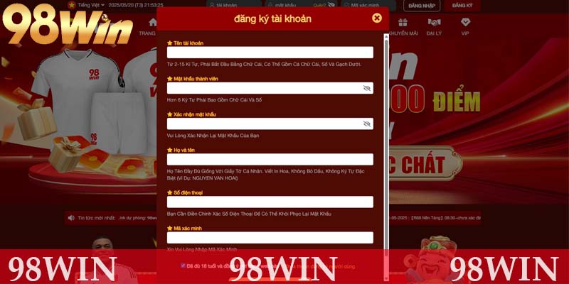 Hướng dẫn đăng ký 98WIN với các thông tin cần cung cấp