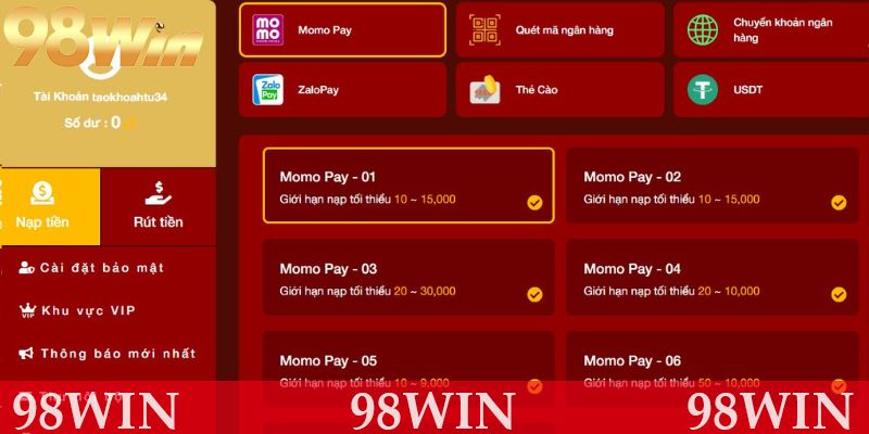 Hướng dẫn nạp tiền 98Win đơn giản và an toàn với momo